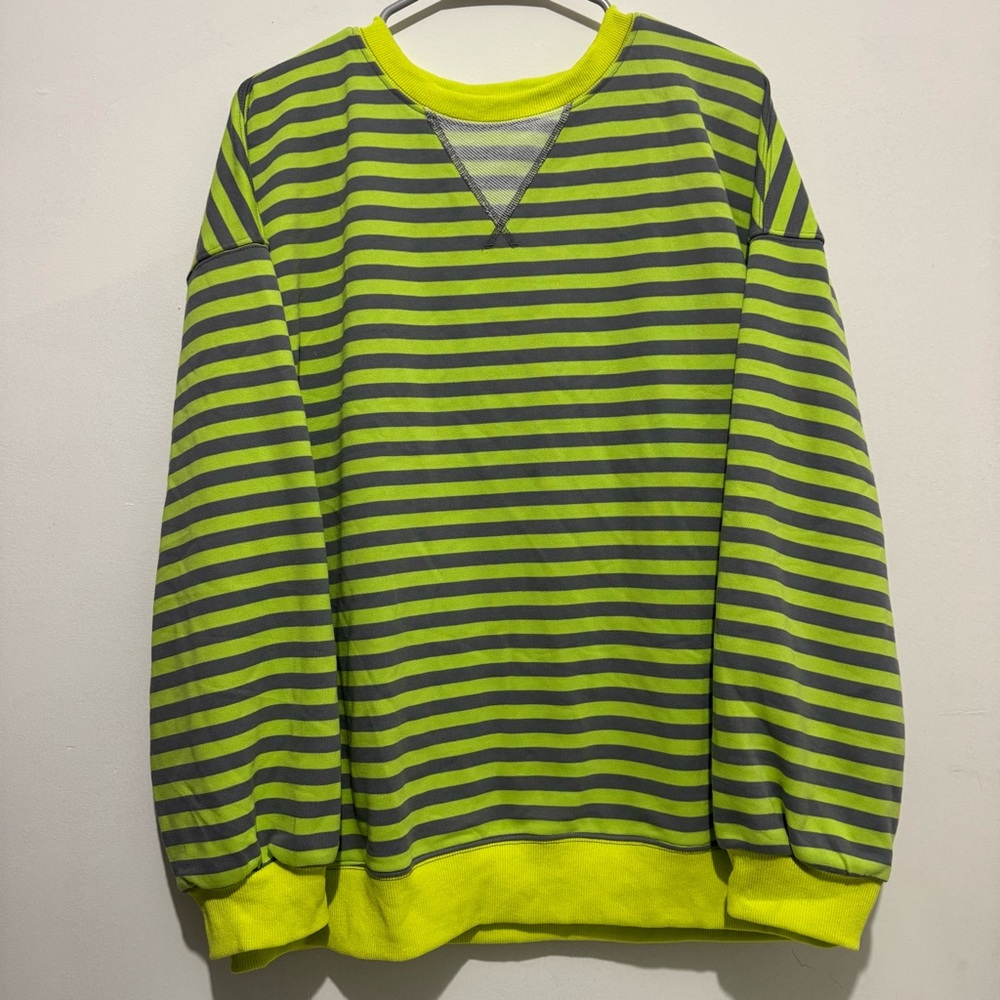 Women's Neon Green & Grey Striped Crewneck Sweater